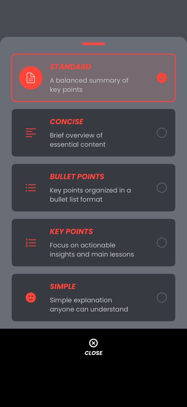 The summary style picker listing Standard, Concise, Bullet Points, Key Points and Simple.